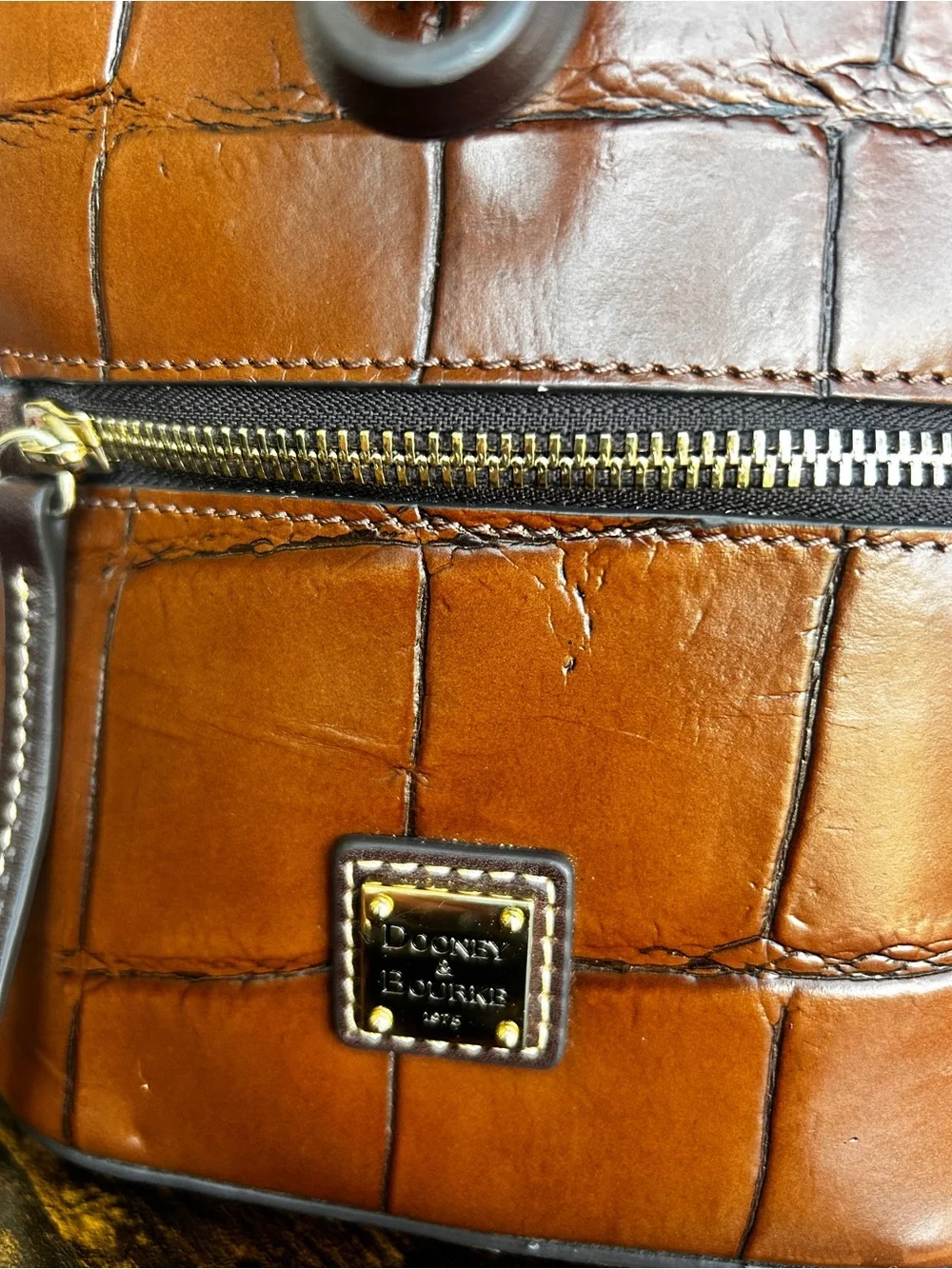 Dooney & Bourke Croc Embossed Leather Drawstring Bucket Crossbody Cognac